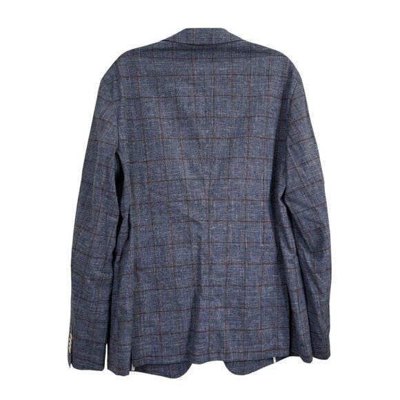 Hugo Boss Slim-Fit Micro-Patterned Jacket Blue Checkered Linen Cotton Blend Sz L - Picture 3 of 16